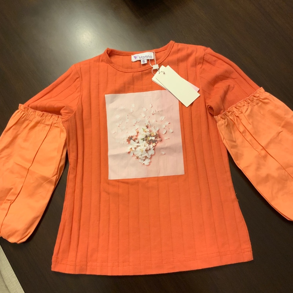 Marina Orange Long Sleeve Kids Tee with Floral Print